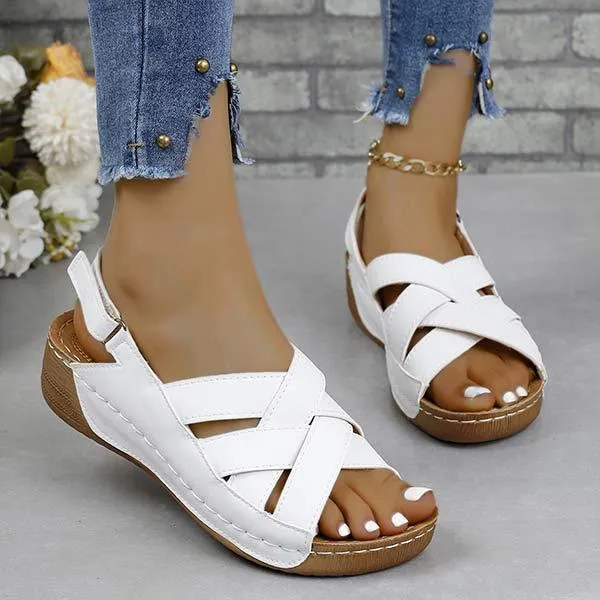 Women's Platform Sandals with Buckled Fish Mouth and Wedge Heel 41008607C