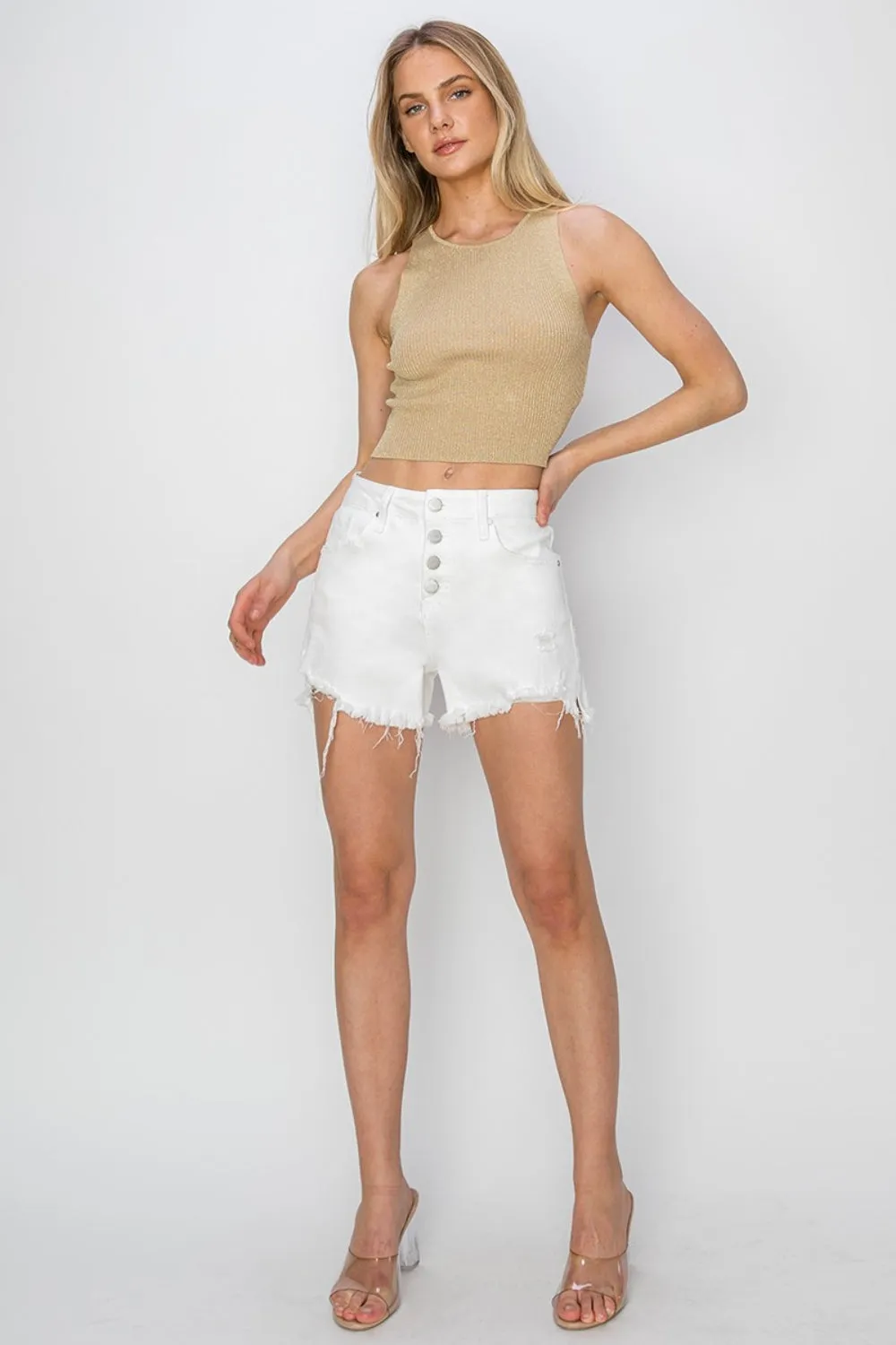 Women's RISEN Button Fly Frayed Hem Denim Shorts